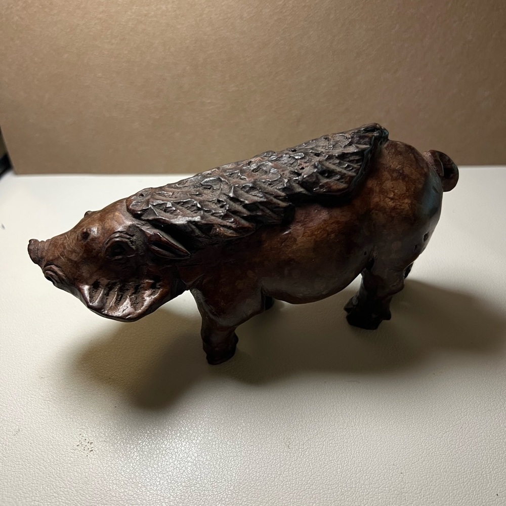 Vintage Hand-Carved Wooden Boar Figurine – Dark Hardwood, Rustic Folk Art, 6” - Picture 3 of 10